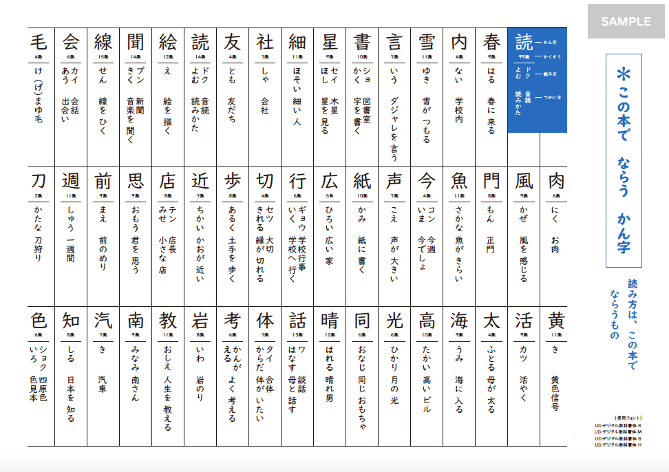 UDデジタル教科書体 国語の組見本［漢字の表］